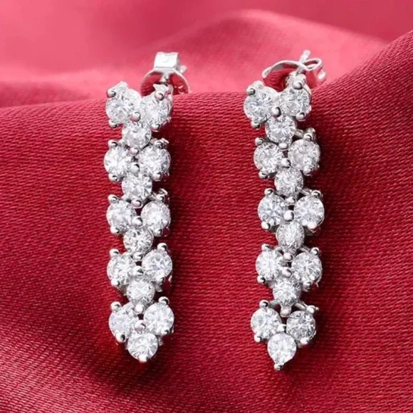 NEW 925 STERLING SILVER DIAMOND LONG HOOP EARRINGS - Picture 4 of 5